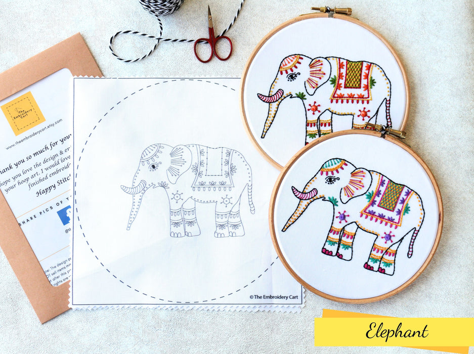 Elephant Embroidery Printed Fabric